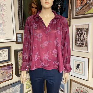 80s Vintage Volup Purple Red Floral Semi Sheer Tie Neck Poet Blouse Size 2X